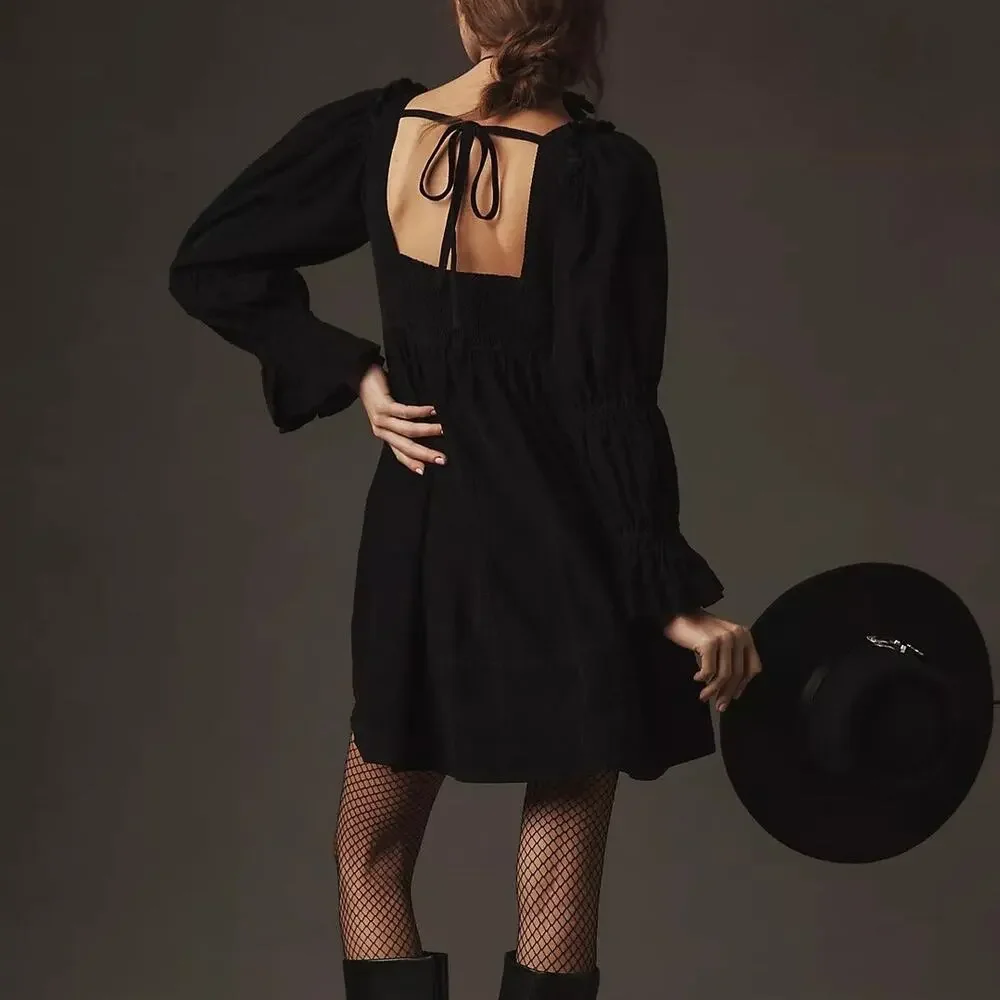 Anthropologie Pilcro Square-Neck Corduroy Babydoll Mini Dress Black Size XS - Picture 3 of 10